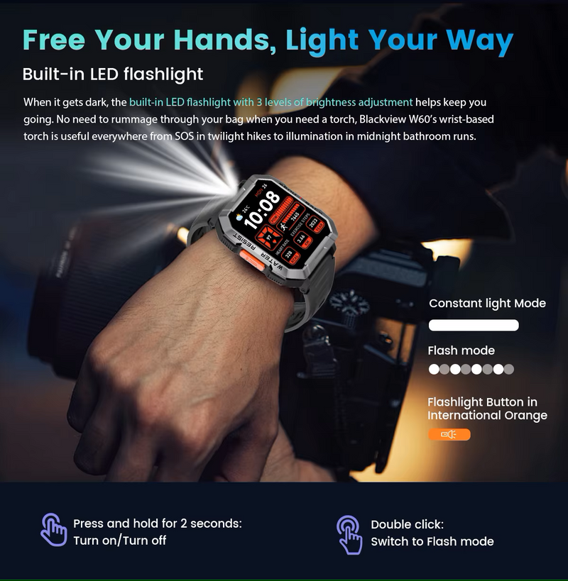 Blackview W60 Outdoor Pro – Smartwatch with Emergency Light & Bluetooth Calls