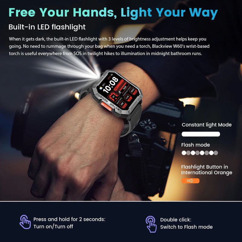 Blackview W60 Outdoor Pro – Smartwatch with Emergency Light & Bluetooth Calls